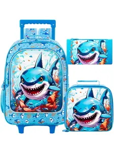 3PCS Rolling Backpack for Boys, Shark Roller School Bookbag with Lunch Bag, Kids Water Resistant Wheeled Backpacks for Teens Boys Elementary Trave, Modern Backpack
