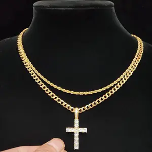 Double Layer Cross Necklace Cuban Link Chain Hip Hop Style Clavicle Necklace High Sense Long Twin Ornament stainless steel chain