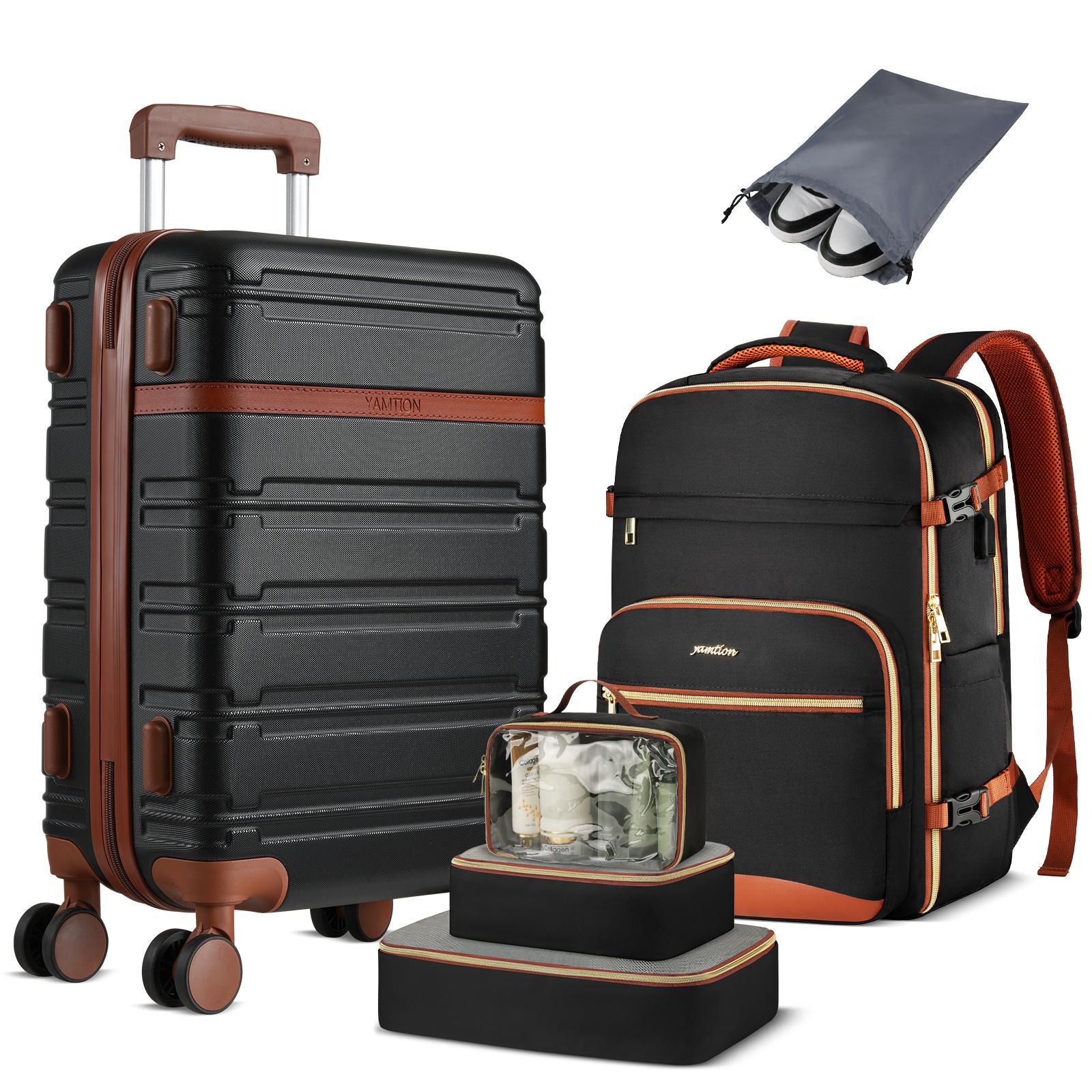 YAMTION 6 Piece Luggage Set, 20 Inch Carry On Hardside Luggage with Spinner Wheels, Travel Backpack, Packing Cubes, Toiletry Bag & Shoe Bag, Vintage Black Brown Luggage Set for Travel, Business, College, Vacation & Daily Commute