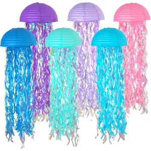 10 Inch Jellyfish Paper Lanterns 6 Pack,  Decor for Under The Sea Party Decorations,  Themed Birthday Supplies,   Shower, Nautical Event and Classroom Decor