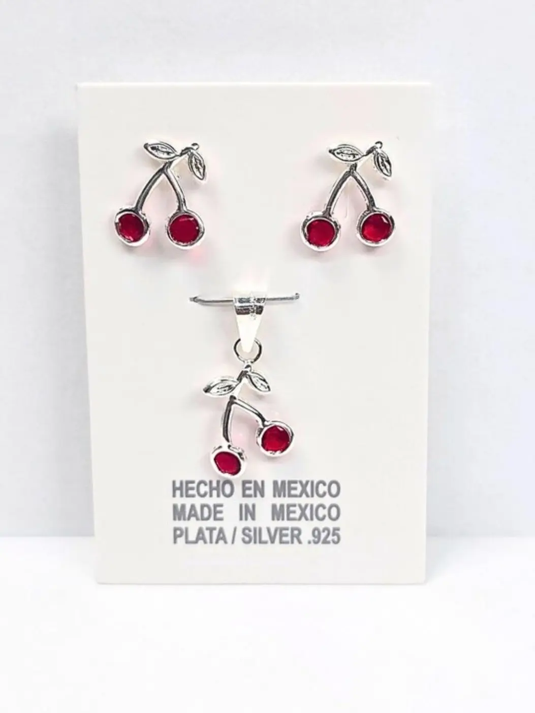 Red Cherry Pendant Necklace & Stud Earrings Set CZ - 925 Sterling Silver
