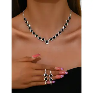 1 set fashionable black diamond jewelry set, necklace and earrings, suitable for women’s evening party wear