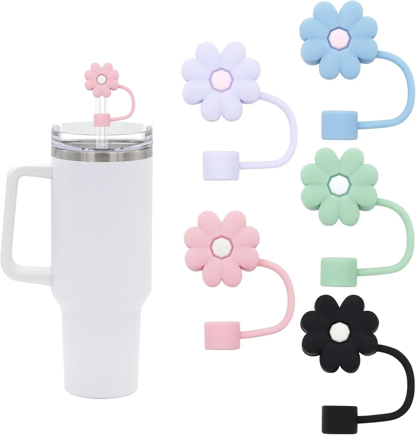 4 count 0.4in Diameter Cute  Straw Covers Cap for  Cup, Dust-Proof Drinking Straws  Straws Tips Lids (5 PCS Flower Straw Covers)
