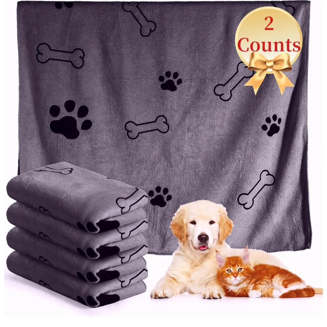 Paw Pattern Pet Bath Towel, 2 Counts Quick Drying Pet Towel, Pet Grooming Towel for Dogs & Cats