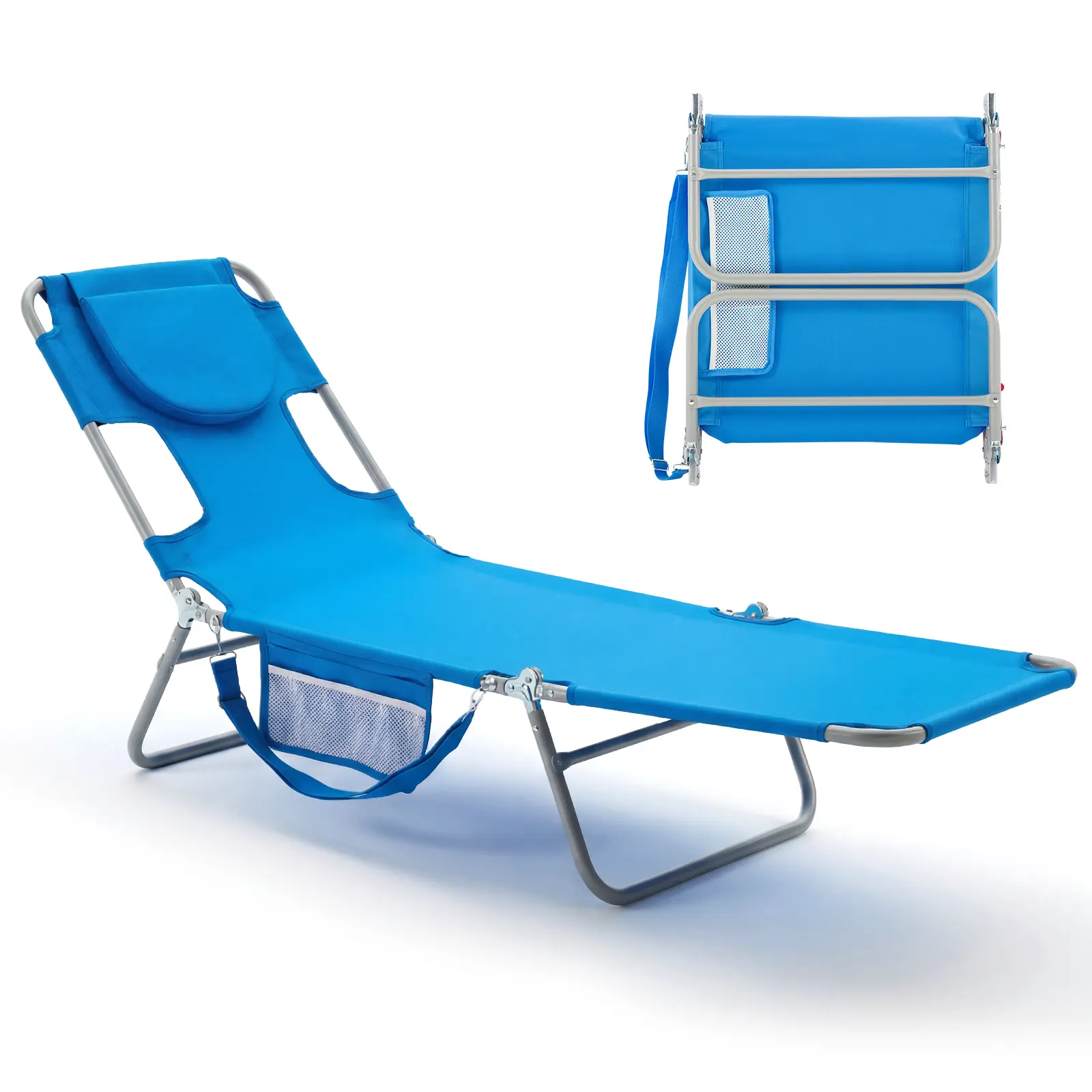 Folding Adjustable Chaise Lounge Chair, Portable Beach Lounge Chair with Backpack Straps & Side Pocket for Outside, Patio, Poolside, Lawn
