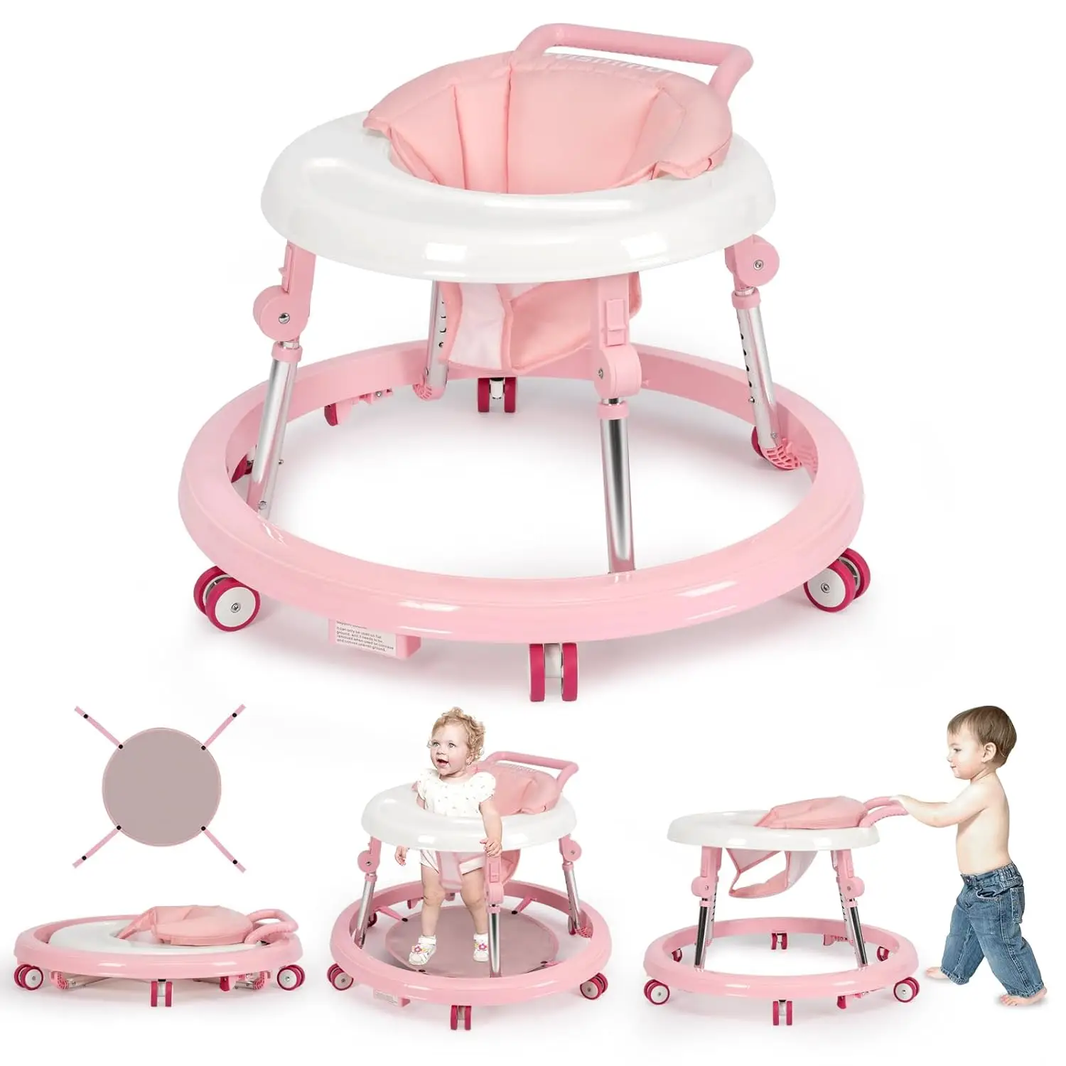 Baby Walker Foldable with 9 Adjustable Heights, Girls Boys Babies 7-18 Months, Baby Walker with Wheels Portable Anti-Rollover,Springtok