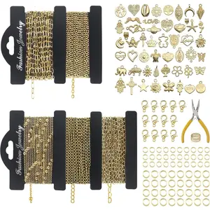 14k Gold Necklace Chain for Jewelry Making, 16.6 Feet Total (5 Rolls) DIY Bracelet Chains with 300 Jump Rings, 50 Lobster Clasps, 1 Jewelry Pliers,1 Support Ring and 50 Pendants