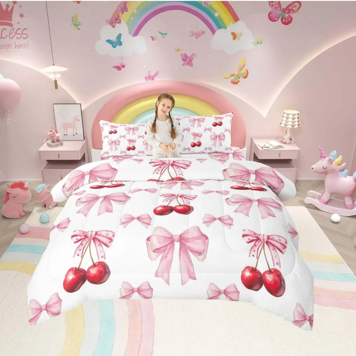 Feelyou Unique Design Cherry Bow Tie Print Bedding Set - Breathable Microfiber Duvet Insert with Filling, Romantic Valentine Geometric Quilt Comforter, Easy Care, Twin/Full Sizes for Bedroom Use, Twin Size, Full Size