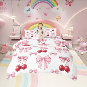 Feelyou Unique Design Cherry Bow Tie Print Bedding Set - Breathable Microfiber Duvet Insert with Filling, Romantic Valentine Geometric Quilt Comforter, Easy Care, Twin/Full Sizes for Bedroom Use, Twin Size, Full Size