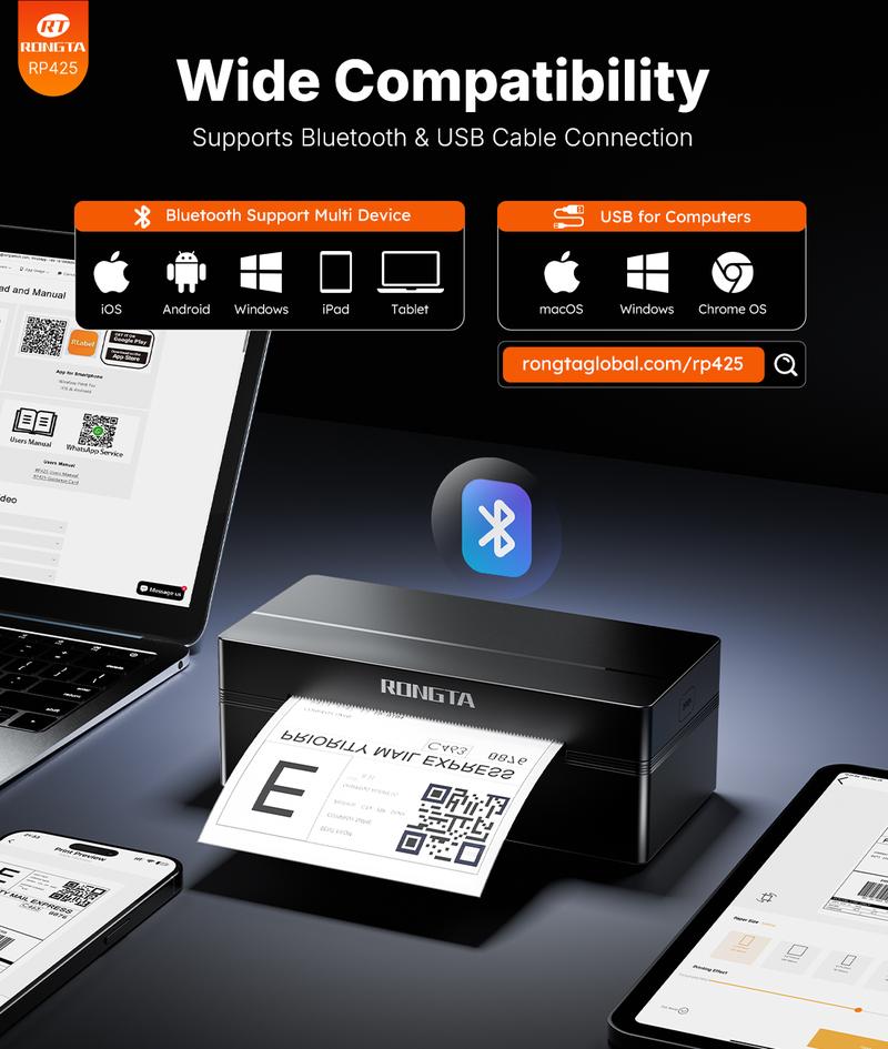 RT  Shipping Label Printer, Bluetooth Wireless Thermal Label Printer, Compatible with iOS, Android, Windows, Mac, Chromebook, Widely Used for Etsy, Ebay, Shopify, USPS