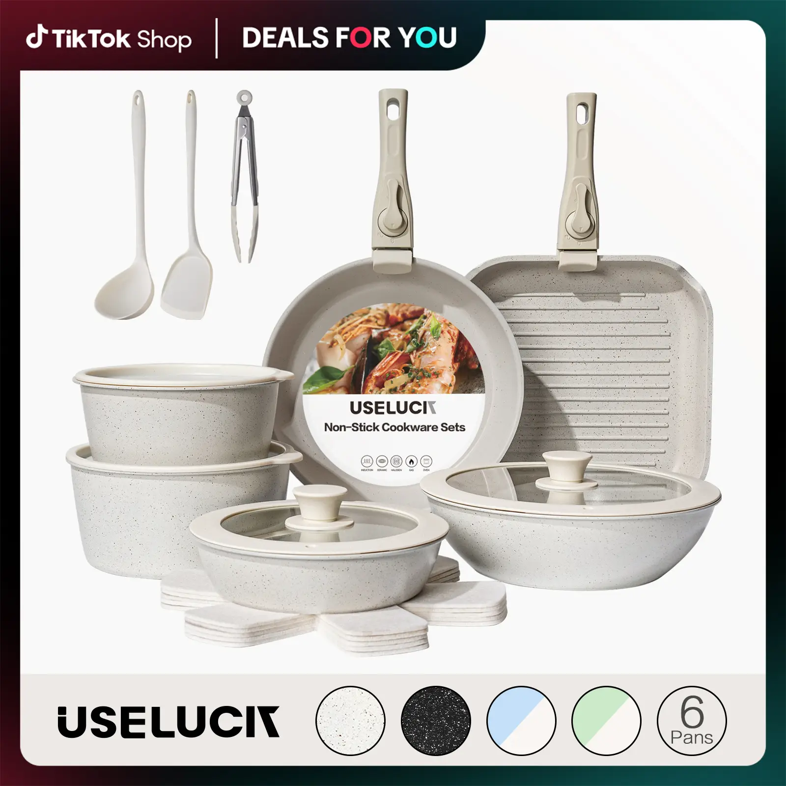 【Top Seller】USELUCK 20 Pcs Detachable Handle Non-Stick Cookware Set with Stackable Pots and Pans, Oven Safe, Healthy RV Set with Frying Induction Lids