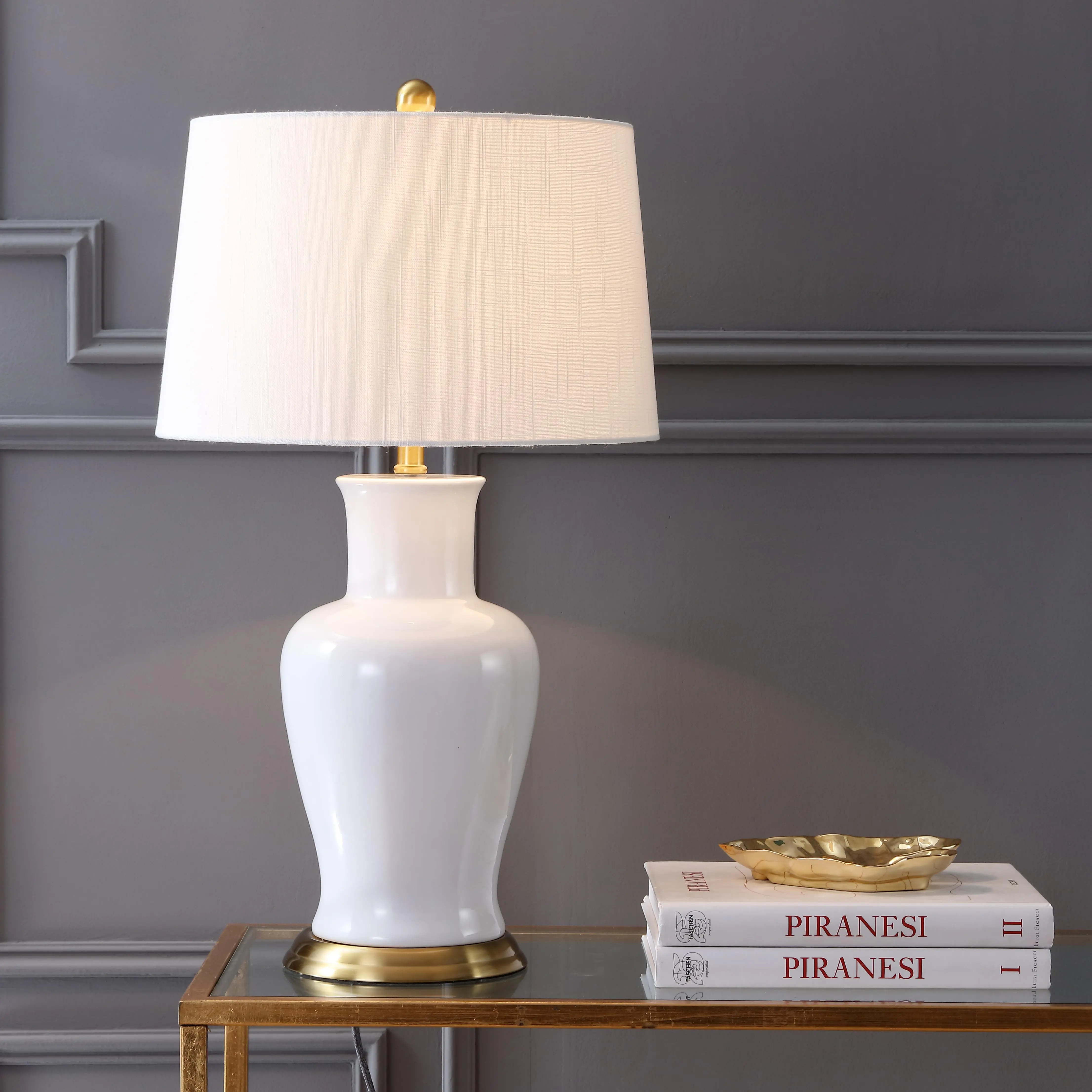 JONATHAN Y Julian Classic Ceramic Urn Metal LED Table Lamp 29" | Classic Vintage Bedside Nightstand Light, White Linen Drum Shade, Brass Gold Metal Base, Rotary Switch, LED Bulb Included