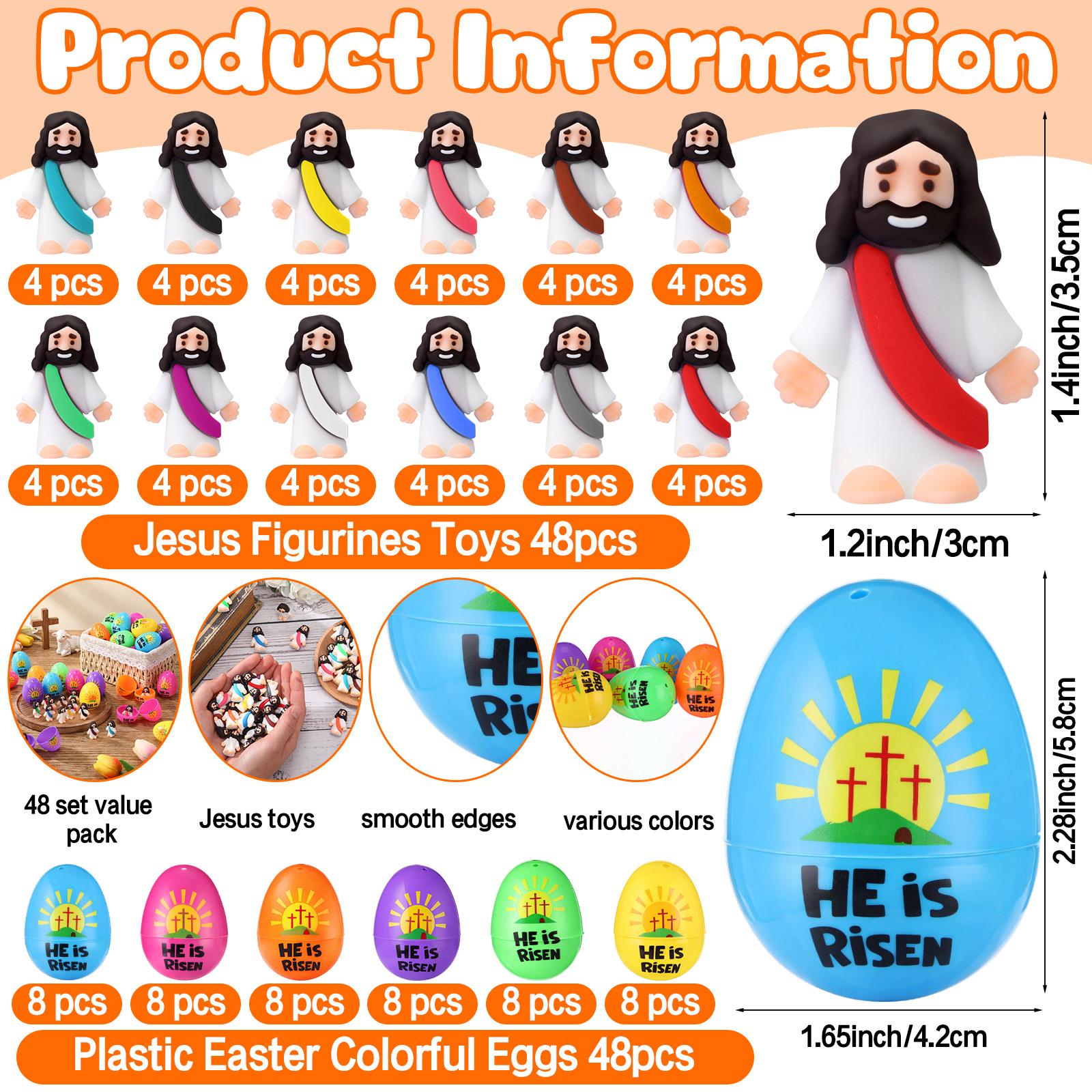 12set/24set/30set/36set/48set/50set/60set Prefilled Easter Eggs with Mini Jesus Figures for Easter Egg Hunt Basket Stuffers Fillers He Is Risen Easter Eggs Filled with Mini Jesus Figures for Boys Girls Outdoor Play Classroom Prize Easter Party Favors