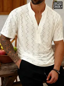 Men's Plus Size Jacquard Hollow Out Short Sleeve Shirt, Casual Diamond Pattern, Loose Fit, Summer Breathable Fabric, Perfect Gift, Menswear, Top