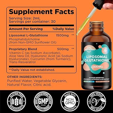 Liposomal Glutathione Supplement - 2000mg Glutathione Liquid Drops with Vitamin C, Curcumin & Trans-Resveratrol - Powerful Antioxidant for Immune, Skin Health, Aging Defense & Liver Detox - 2 Fl Oz