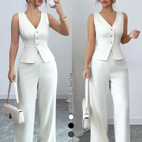 2026 New European and American Women's 2-Piece Set Suits, Waist-Cropped Slim Fit Sleeveless V-Neck Vest Top + Wide Leg Pants, Fashion Professional Chic Elegant Outfit Set