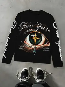 Trendy Saints Tears Long Sleeve Shirt, Neon Graphic Design with Eye Chain Print, Loose Oversized Fit, Men's Casual Top for All Seasons