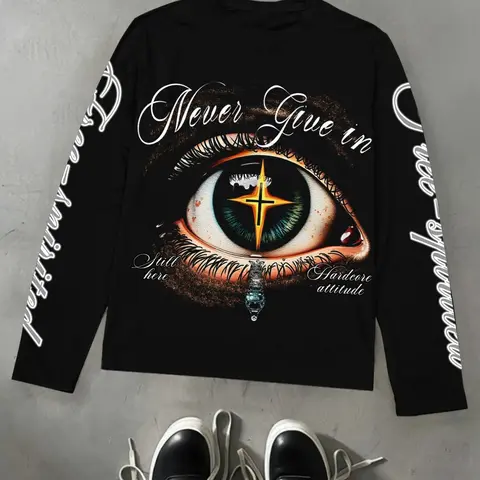 Trendy Saints Tears Long Sleeve Crewneck Shirt, Neon Design with Eye Chain Print, Loose Oversized Fit, Men's Casual Top for All Seasons