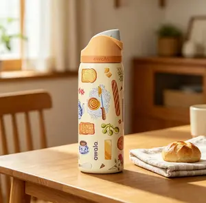 Limited Edition Brunch Bunch Water Bottle, 32oz FreeSip Style Tumbler, Cute Pastry and Bread Design Cup, Insulated Stainless Steel Water Bottle, Leakproof Straw Travel Bottle, Birthday Gift for Her Inspired by Owala FreeSip 32 oz Water Bottle