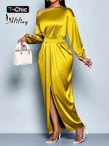 Women's Elegant Plain Long Sleeve High Waist Split Dress, Fall Fashion Party Wear, Fitted Woven Fabric, Shoulder Cut Design