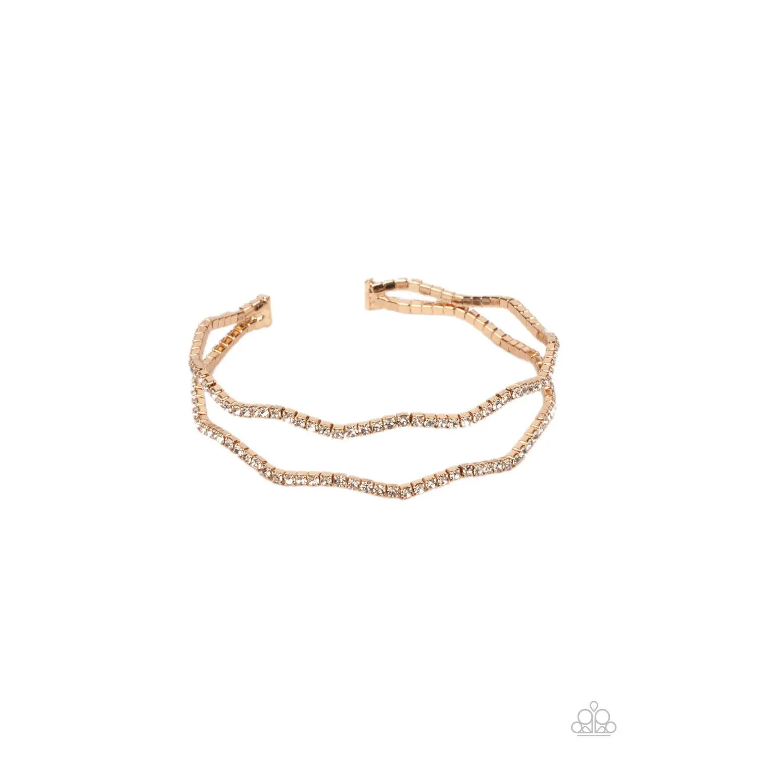 Women's Elegant Dainty Gold Cuff Bangle - 1 Size, with Wavy Rows of Glittery White Rhinestones, Timeless Female Costume Jewelry, One Size