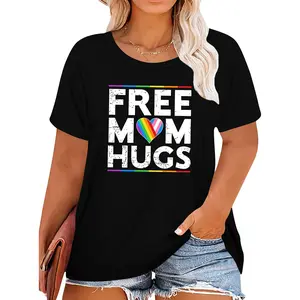 Pride Brand Women's Free Mom Hugs Rainbow Graphic T-Shirt - 100% Pure Cotton Short Sleeve Crew Neck Fitted Tee for Summer Casual Wear Made in USA pride  parade  outfits Fabric Piece rainbow  outfits