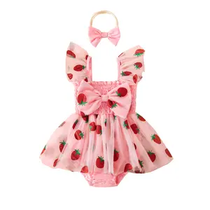 Baby Girls 2 Piece Outfits Comfortable Sleeveless Strawberry Print Romper Dress and Bow Headband Set 0-18 Months