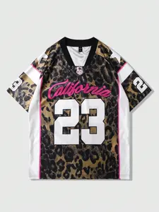 Neutral Leopard Print California 23 American Football Jersey, Y2K Street Style Loose-Fit Short Sleeve Top, Casual Clothing for Men and Women