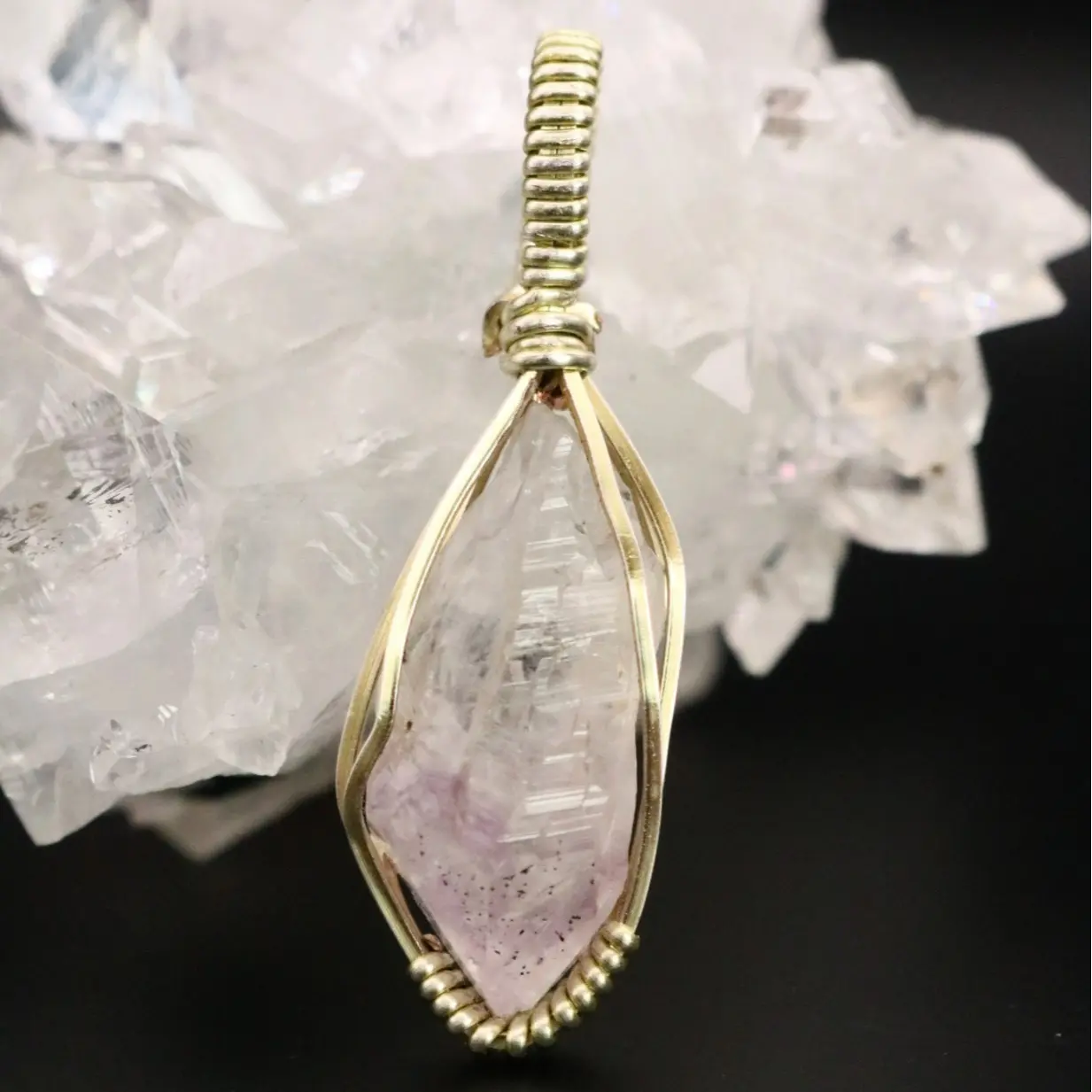 Gold Wire Wrapped Amethyst Crystal Necklace Pendant