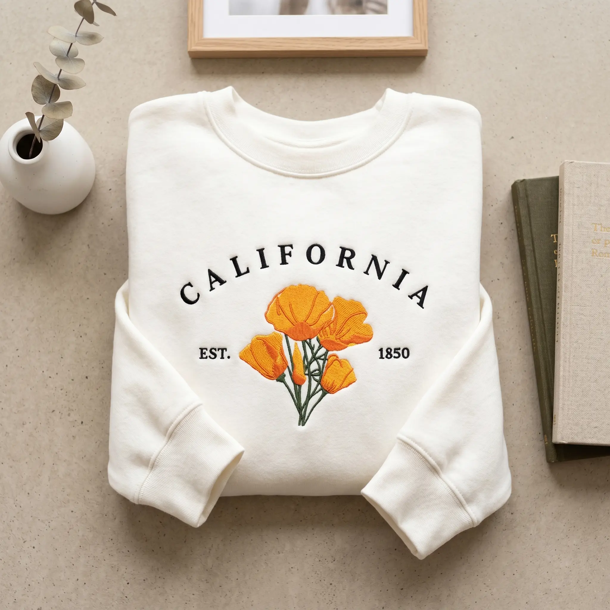 [MADE IN US] Embroidered California Poppy Sweatshirt, Embroidered California State Flower Crewneck, Cozy California Sweatshirt Gift, State Sweatshirt Embroidered