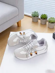 Women's Soft Leather Ugly Cute Height Increasing Training Shoes, Fall Thick Sole Fashion Beaded Lace-Up Casual Sports Sneakers