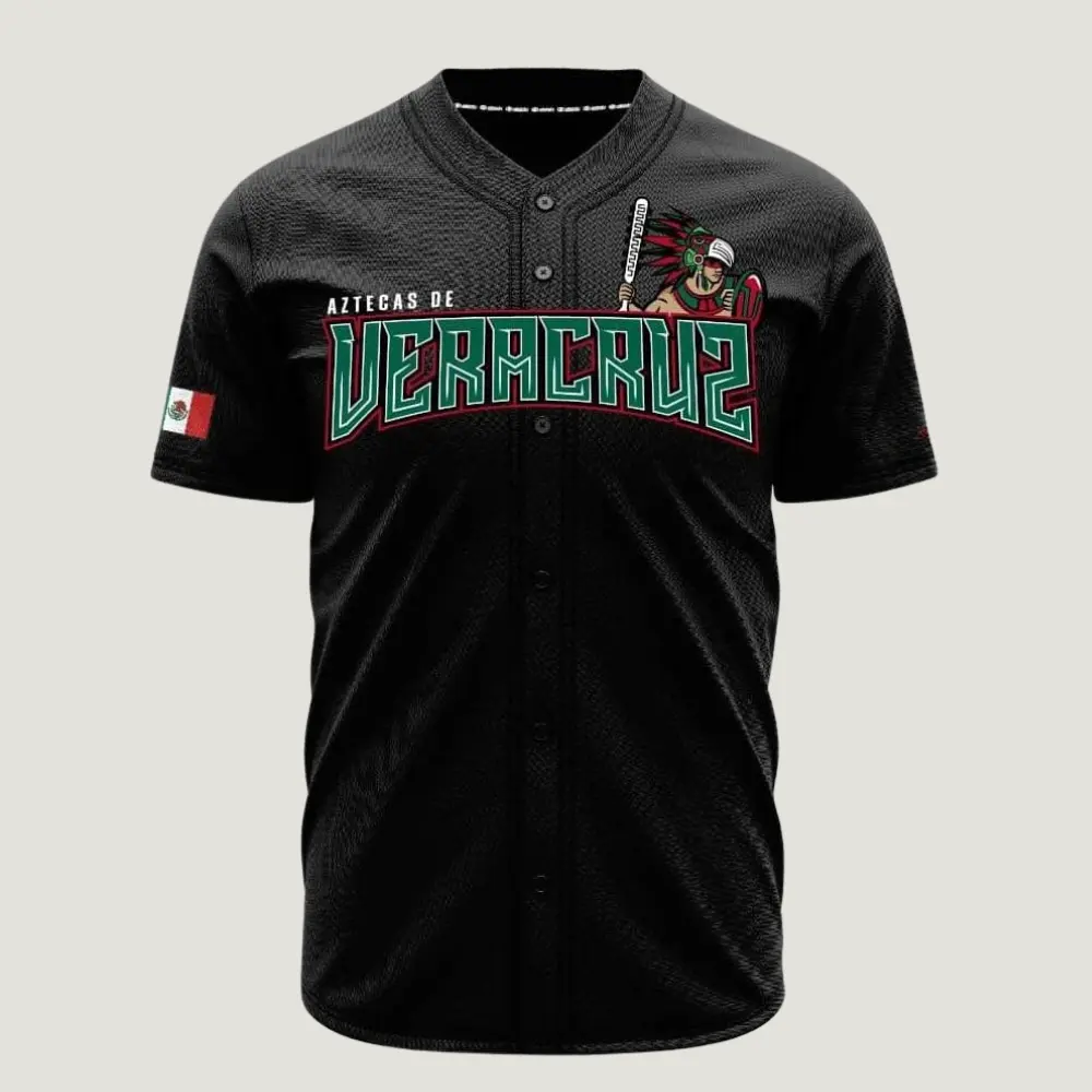 Aztecas de Veracruz Black Baseball Jersey – Mexico Heritage Button-Up Fan Shirt, Vintage Baseball Style, Breathable Athletic Sports Jersey, Gift for Mexican Baseball Fans