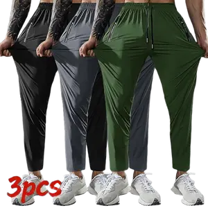 Men’s 3-Pack Minimalist Fashion Ice-Cool Quick-Dry Breathable Casual Athletic Pants — High-Elastic Waistband for Comfort, Drawstring Cuffs, Zipper Pockets, Skin-Friendly and Comfortable, Suitable for Warm Weather and Everyday Wear, Ideal for Sports, Casua