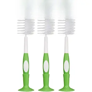 Bottle Brush Pack of 3 White Sponge and Bristle Combination BPA Free Dishwasher Safe with Suction Base for Counter or Wall Storage