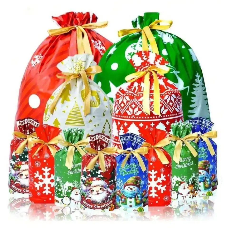 34Sets Christmas Drawstring Gift Bags, Assorted Styles & Multiple Sizes Xmas Wrapping Sacks, Reusable Goody Candy Gift Pouches for Holiday Party Presents