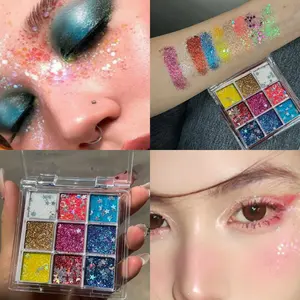 9 Color Eyeshadow Glitter Sparkle Stage & Festival Party Makeup, Shimmering Eyeshadow Palette, Easy Apply One Stroke Formula, Perfect for Parties and Performances