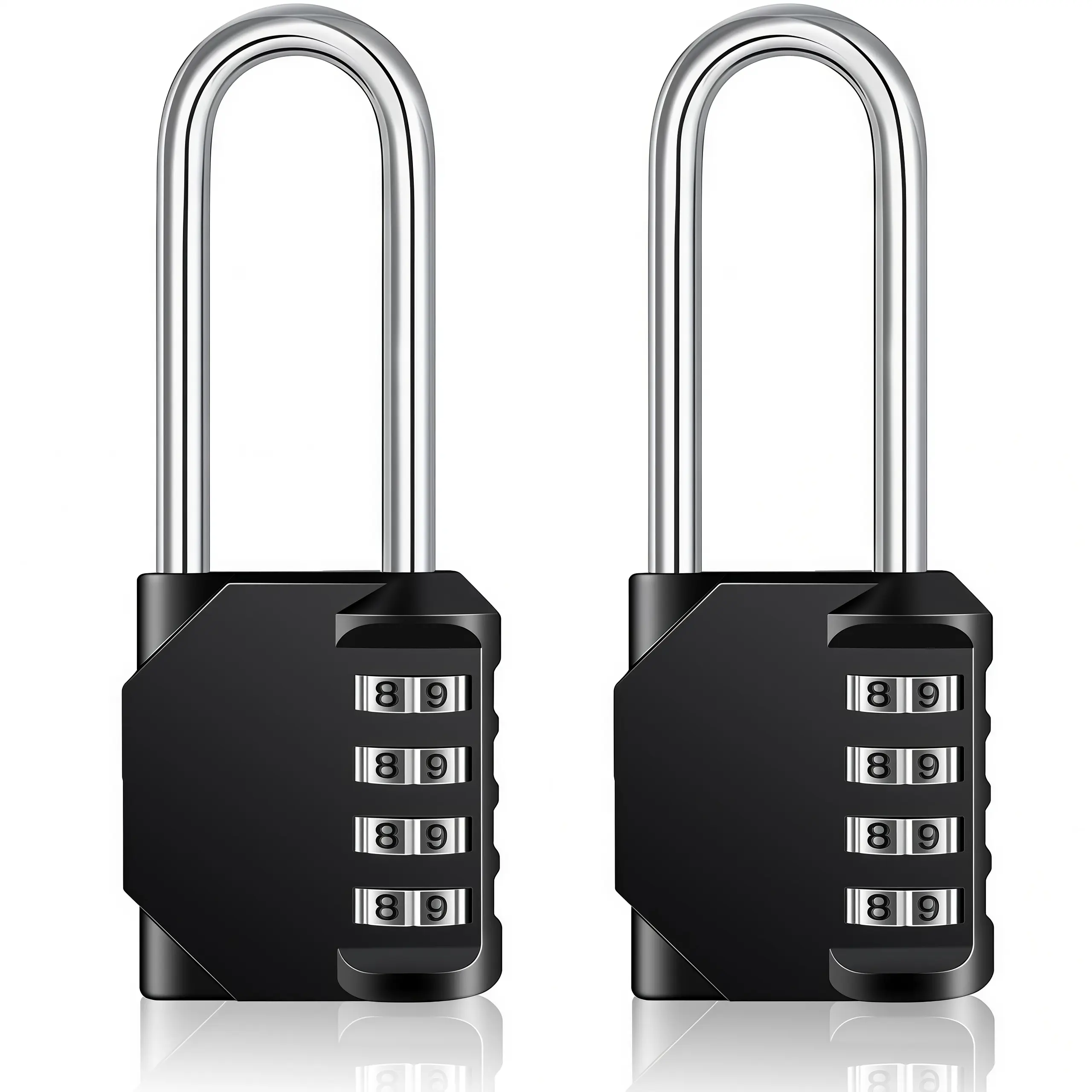 LMMAKE 2pcs Black Long Shackle Customizable 4-Digit Combination Padlock, 4.09in L x 1.69in W x 0.55in H, 2.20in Shackle Height, Weatherproof Lock for Cabinets, Garage Doors, Garden Sheds, Trailers