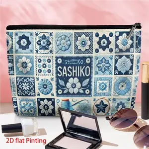 1pc Sashiko Blue Patterns 1 Portable linen cosmetic bag, exquisite printed cosmetic storage bag, Travel Cosmetic Pouch With Secure Zipper, Lightweight Multi-functional Toiletry Organizer for Women