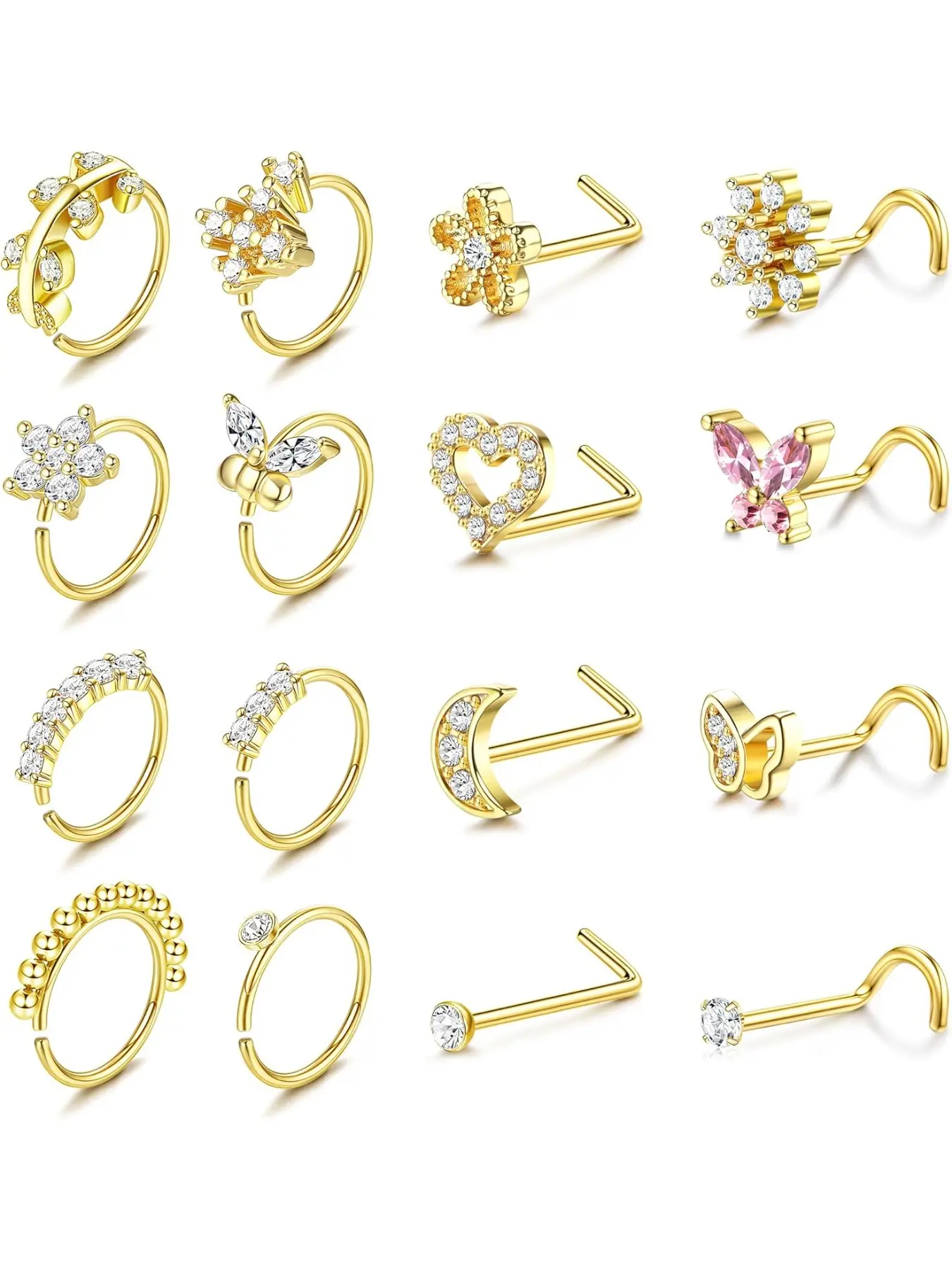 Nose Rings for Women - 14K Gold Filled Hypoallergenic Steel Nose Ring Hoops 20G Small Cute CZ L Shaped Nose Studs Nostril Piercing Jewelry for Women Men 16Pcs Body Piercing Jewelry Hinged Nose Ring