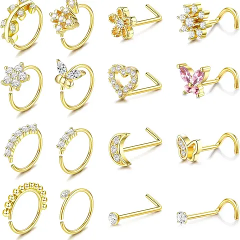 14K Gold-Filled Hypoallergenic Steel Nose Ring Hoops, 20G Small Cute CZ L-Shaped Nose Studs, Nostril Piercing Chic Body Jewelry for Women and Men, 16-Piece Set with Hinged Nose Rings