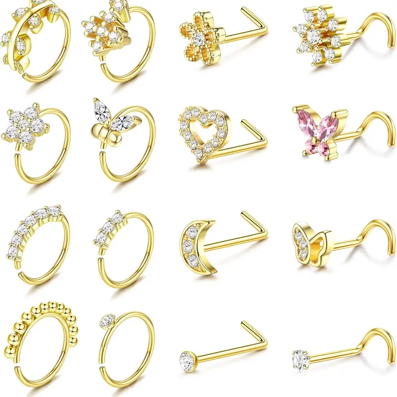 14K Gold-Filled Hypoallergenic Steel Nose Ring Hoops, 20G Small Cute CZ L-Shaped Nose Studs, Nostril Piercing Chic Body Jewelry for Women and Men, 16-Piece Set with Hinged Nose Rings