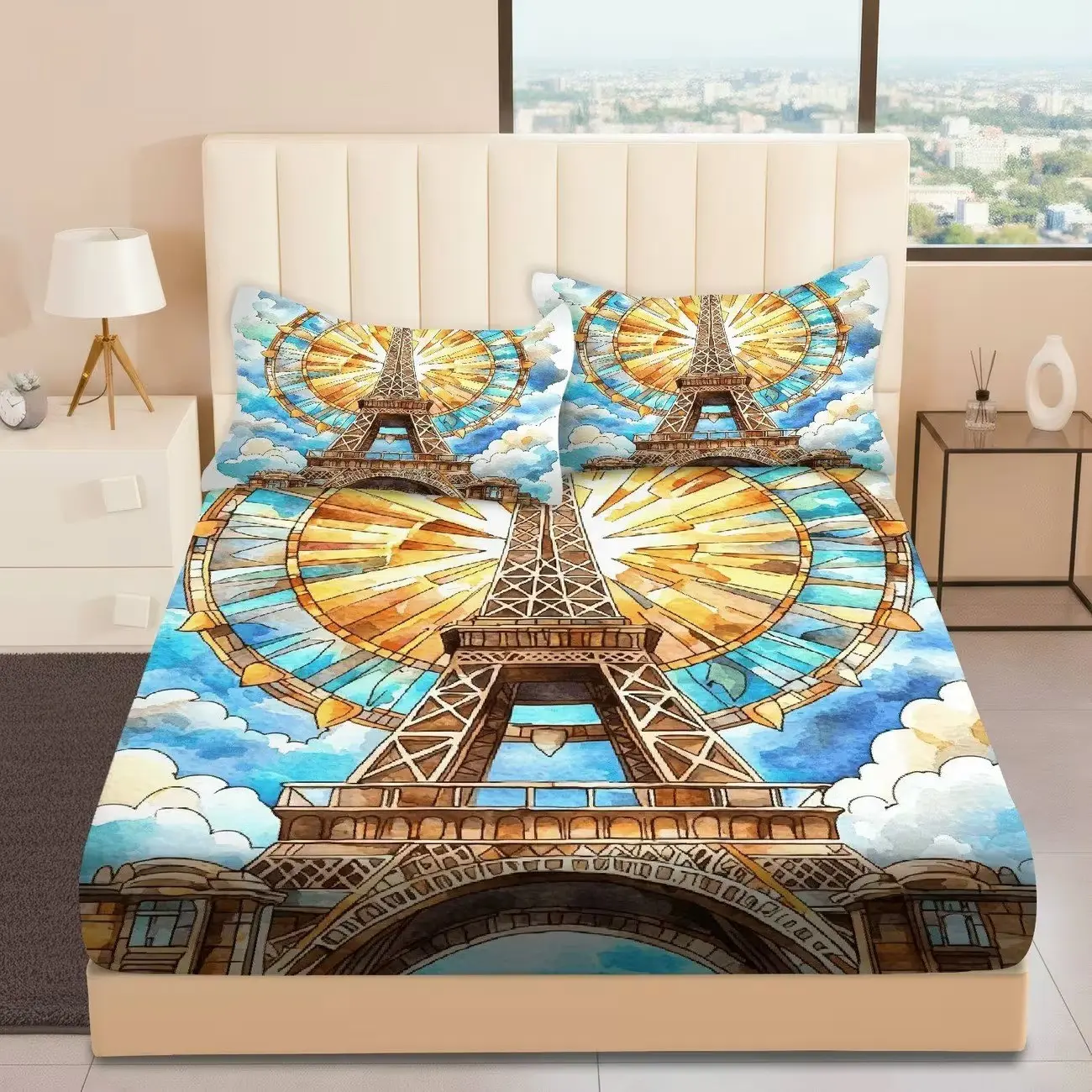 Paris Eiffel Tower Bedding Set for Romantic Souls, Fitted Sheet + Pillowcases, No Pillow Inserts, Bedroom, Homestay & Rental
