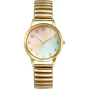 Women's Stretch Band Watches: Ladies Elastic Strap -Tone Easy Reader Colorful Dial Analog Quartz Bangle Wrist Watch