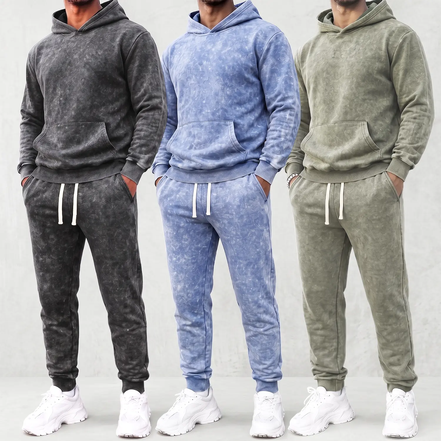 Cotton Blend Men's 2 Piece Hoodie & Jogger Set, Vintage Acid Wash Midweight French Terry Sweatsuit, Relaxed Fit Y2K Streetwear Tracksuit for Fall Winter Casual Lounge, Breathable Stylish Outdoor Activewear