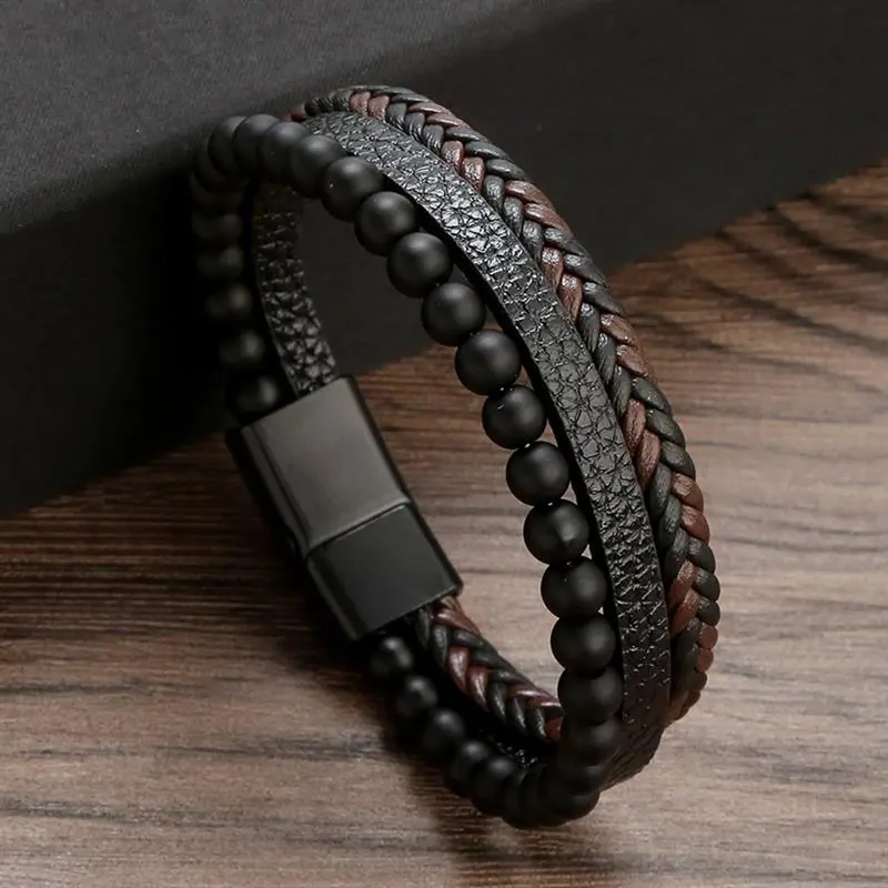 Men's Classic Leather Buckle Bracelet - Unisex Multi-Layer Frost Finish Hand-Woven Stack Bangle, Luggage & Bag Charm Accessory for Wholesale Dropshipping, Men's Accessories, Bracelets, Daily Wear, Buckle Strap