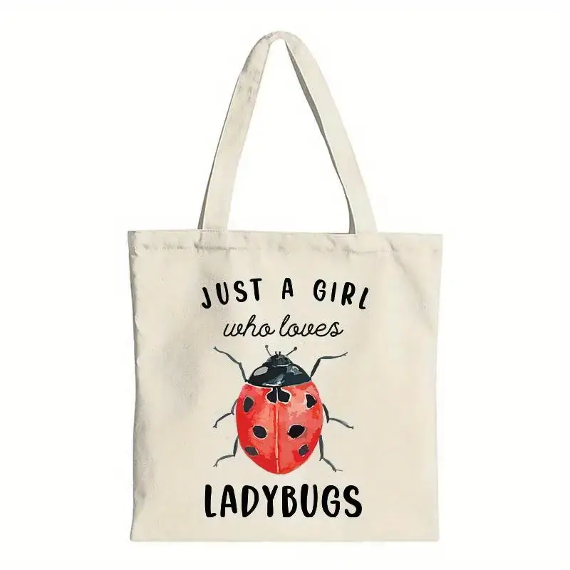 Casual Canvas Tote Shoulder Bag with Ladybug Lover Design - "Just a Girl Who Loves Ladybugs" Text & Illustration, Durable Canvas for Everyday Use