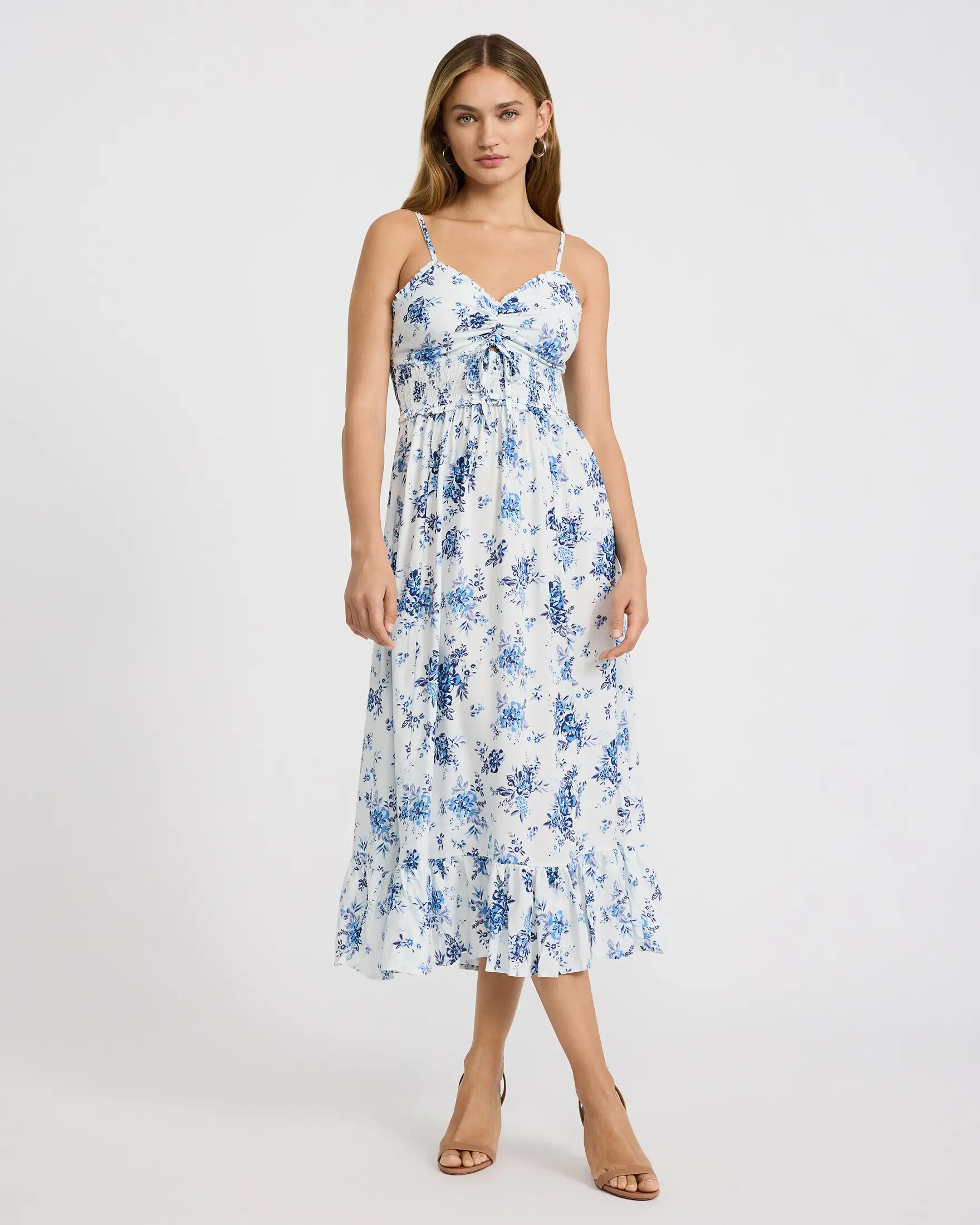 Express Floral V-Neck Tie Front Smocked Ruffle Midi Dress