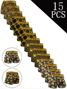 15 pcs black gold printed mid waist flat angle underwear, Soft, breathable, elastic sports shorts, Suitable for daily wear and running exercise, Men's four cornered underwear, Stretchy Boxer Briefs