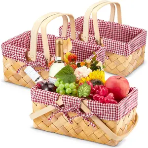 Sintuff 3 Pcs Christmas Baskets for Gifts Empty Small Woodchip Picnic Baskets with Handle Shopping Basket Hand Woven Fruit Baskets with Blanket Lining Easter Eggs Candy Basket Gifts(Wood Color)