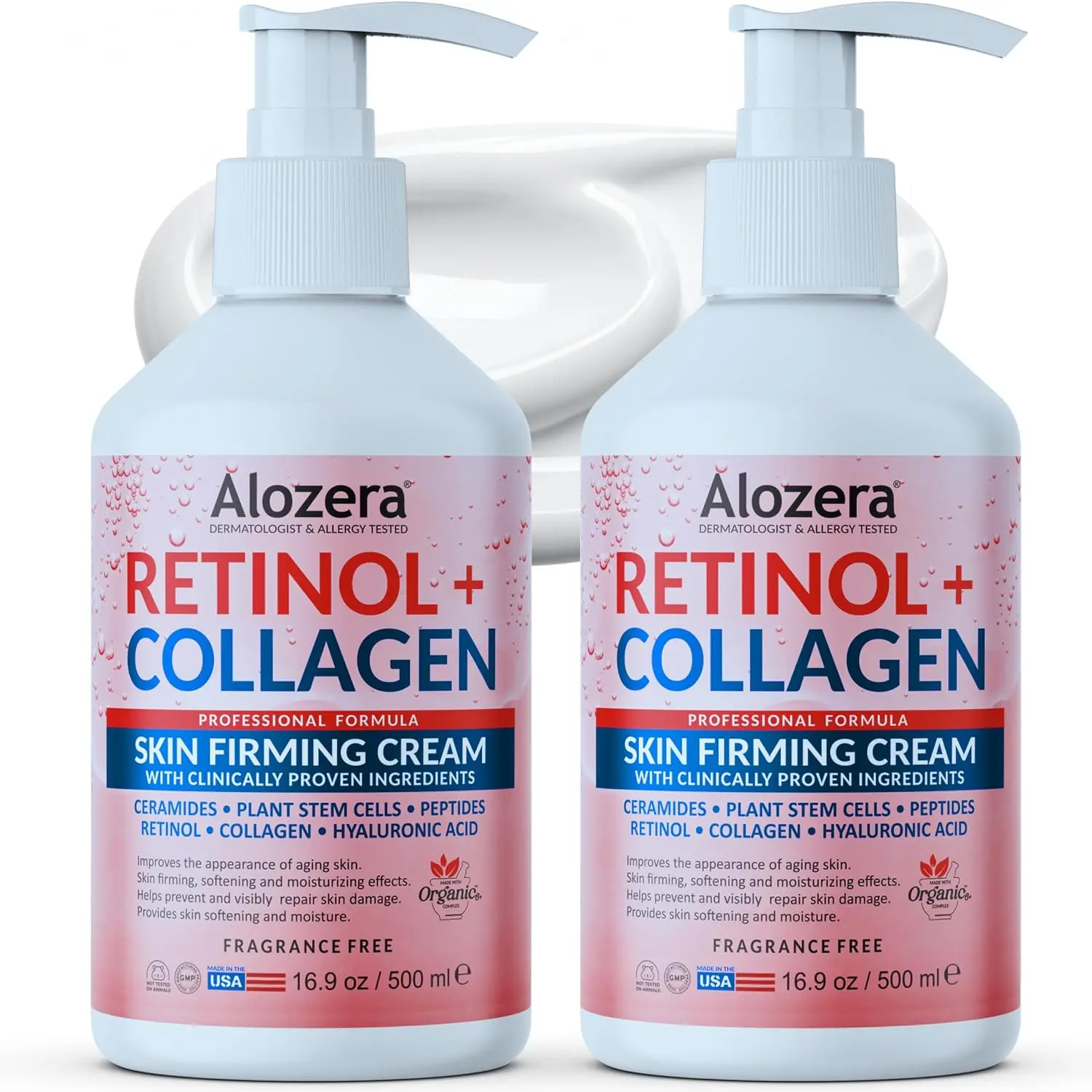 Alozera Retinol & Collagen Firming Body Lotion, Fragrance-Free Anti-Aging Moisturizer for Crepey Skin, Lightweight Fast-Absorbing, Boosts Skin Elasticity, 16.9 oz (2-Pack)